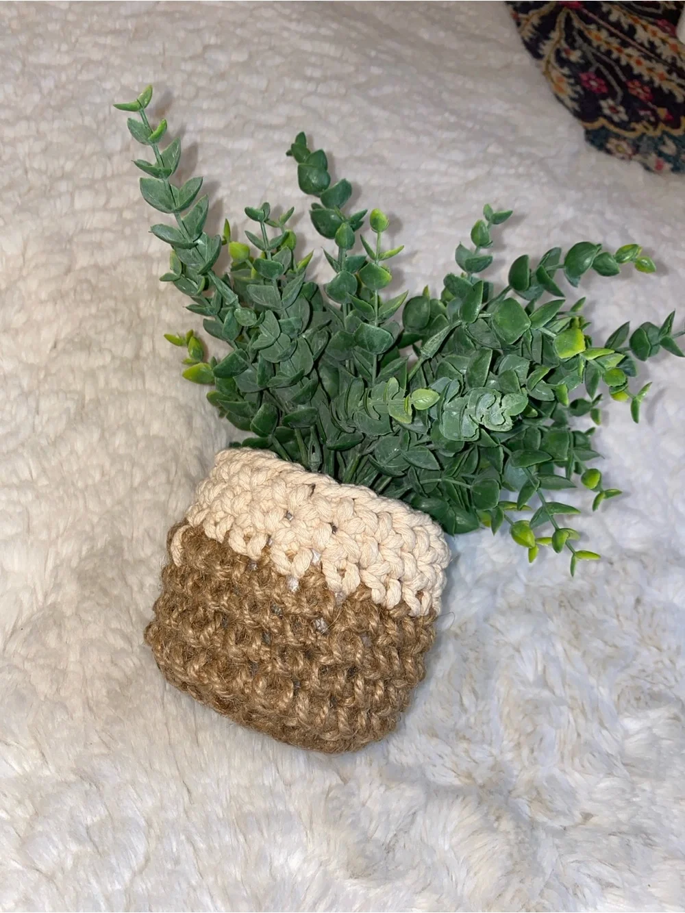 Handmade Two-Tone Crochet Mini Basket - Faux Florals Brown & Cream